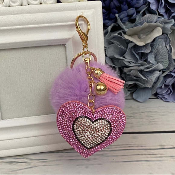 Heart with Pink Rhinestones & Pom Pom on Keychain - Picture 2 of 13